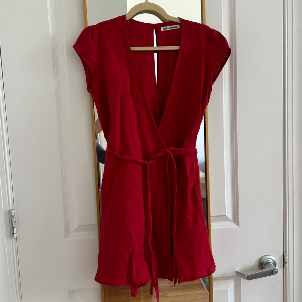Reformation Red 100% Linen Wrap Mini Dress (Size S)
